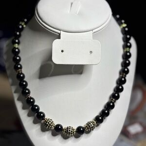 Handmade Onyx Necklace with black green gold and amethyst rhinestones 18 inches